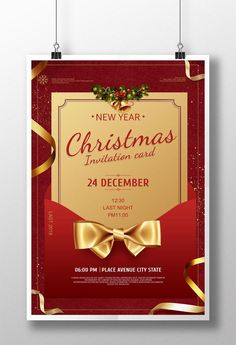 a red and gold christmas party flyer with ribbon, holly wreath and bow on it