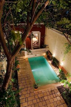 an outdoor swimming pool surrounded by greenery and trees at night with lights shining on it