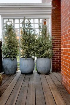 two large planters sitting on top of a wooden deck