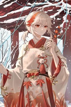 an anime character with white hair and red eyes, holding a flower in her hand