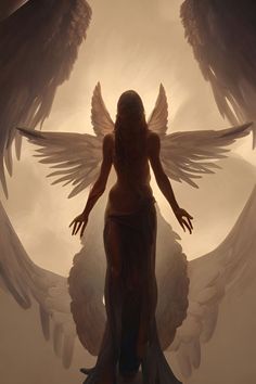 an angel standing in front of two large white wings