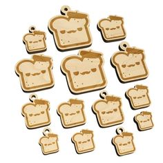 wooden cutouts of toasted bread with eyes and mustaches, set of 10