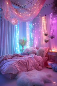 a bedroom with pink and blue lights on the walls, white fur rugs and bedding