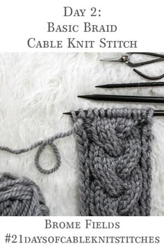 the crochet pattern is shown with scissors, yarn and knitting needles on it