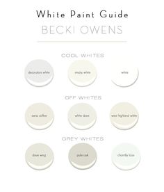 white paint guide for the bedroom with different colors and names on it, including gray whites