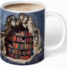 a coffee mug with a bookcase in the middle and an image of books coming out of it