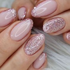 Short Nails Ideas Oval, Nail Designs Oval Shape, Sparkly Valentines Nails, Pink Glitter French Manicure, Short Glitter French Tip Nails, Glitter Valentines Nails, Short Oval Nails Designs, Short Nail Designs Glitter, Pink Glitter Nail Designs