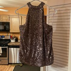 Cable & Guage Top. Brown Sleeveless Evening Tops, Brown Sleeveless Party Top, Brown Sleeveless Top For Party, Turtleneck Tank Top, Sequin Halter Top, Black Tank Top Women, Layered Tank Top, Orange Tank Top, White Sleeveless Top