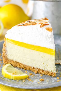 a slice of lemon meringue pie on a plate