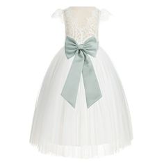 The elegant bodice features is made out of scalloped V-Back Lace top with cotton lining. The A line skirt has 3 layers: top 2 layers are made of soft tulle, 3rd is layer of satin lining to bring comfort to your little girl while wearing the dress. The waistline is delicately decorated with a removable tiebow sash to make this dress more elegant. Size: size 2.  Color: Green.  Gender: female.  Age Group: kids. Princess Style Bridesmaid Pageant Dress With Lace Bodice, White Tulle Bridesmaid Dress For Pageant, Bridesmaid Pageant Dress With Lace Bodice, Pageant Tulle Ball Gown With Satin Bow, Bridesmaid Princess Dress With Lace Bodice, White Tulle Bridesmaid Dress For First Communion, Elegant White Bridesmaid Dress For Pageant, First Communion Ball Gown With Lace Bodice For Pageants, Princess Style Tulle Bridesmaid Dress For First Communion