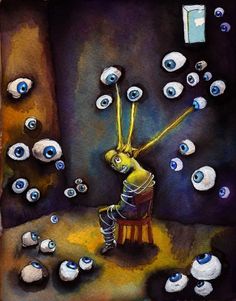 a painting of an alien standing in front of many blue eyes and looking up at the sky