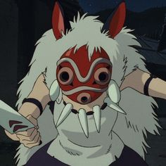 an anime character with white hair and red eyes wearing a demon mask while holding two knives