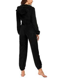 Zip Up Fleece Lounge Jumpsuit Cozy Solid Onesie For Winter, Cozy Solid Color Onesie For Winter, Black Long Sleeve Onesie For Fall, Casual Black Onesie For Loungewear, Black Hooded Onesie For Loungewear, Winter Long Sleeve Loungewear Bodysuit, Winter Long Sleeve Bodysuit For Loungewear, Long Sleeve Winter Bodysuit For Loungewear, Black Fitted Onesie For Loungewear