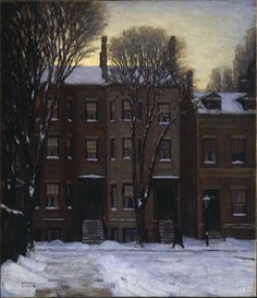 a painting of a building in the snow