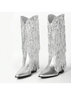 Fit & Features: (approx. measured from a US size 6)– Vegan Leather Upper– Square Pointed Toe– Low-stacked Chunky Heel– 12.6" Shaft Height– 3" Heel Height– 15.35" Circumference– Side zipper closure. Iridescent Sequined Fringe: Cascading sequined fringe is the major sparkle of these cowboy boots, which make you complimented and the spotlight at any occasion! You'll want to wear them every time a glamorous event rolls around. All-over Metallic Sheen: Stunning all-over metallic shine, your perfect summer party western boots! Mid-calf height and wide circumference design is comfortable and slims the leg. Match&Occasion: Our Cowboy boots for women are suitable for party,wedding ,Music Festival and every occasion you want to dress carefully. Step out and show off major sparkly vibes in these fun Silver Sequin Dress With Cowboy Boots, Dressy Cowgirl Boots, Boots And Bling Party Theme, Boots And Bling Party Outfit, Metallic Cowgirl, Cow Boots, Nye 2024, Party Boots, Boots For Ladies