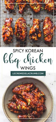 spicy korean bbq chicken wings on a wire rack with text overlay that reads, spicy korean bbq chicken wings