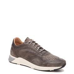 Gray Leather Sneakers With Laces, Gray Leather Sports Sneakers, Gray Leather Sneakers For Sports, Gray Leather Breathable Walking Shoes, Gray Leather Walking Shoes With Breathable Material, Gray Lace-up Sneakers With Perforations, Gray Leather Lace-up Walking Shoes, Gray Leather Walking Shoes With Rubber Sole, Sporty Leather Walking Shoes With Vented Sides