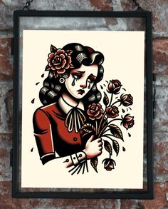 a drawing of a woman holding flowers on a brick wall