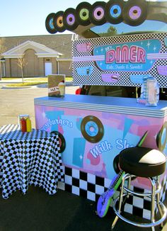 Decades Trunk Or Treat, 1950 Diner Decor, Grease Halloween Decorations, Grease Trunk Or Treat, 50’s Diner