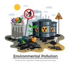 an environmental pollution poster with trash cans and plants in the ground, on a white background