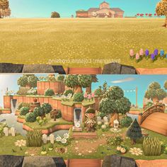 two screens showing different scenes from the game animal crossing, and an image of a farm