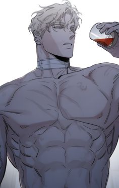 a man with his shirt open holding a drink in one hand and a bottle in the other