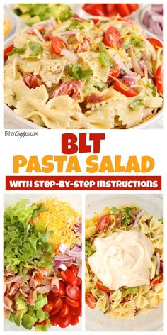 the cover of blt pasta salad with step - by - step instructions is shown