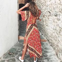 Red Floral Printed Boho Long Maxi Dress With Kimono Style Wide Sleeves And An Open Style Backside. Sexy Open Cut Out Style Waist. V-Neckline. Sizes Marked And Fit: Small: 2-4 Medium: 4-6 Large: 6-8 Red Boho Dress For Summer Beach Cover-up, Red Boho Print V-neck Maxi Dress, Red Boho Summer Dress For Vacation, Red Fitted Beach Dress, Red Maxi Dress For Beach Cover-up, Red Bohemian V-neck Dress, Red V-neck Bohemian Dress, Fitted Bohemian Red Maxi Dress, Red V-neck Maxi Dress With Boho Print