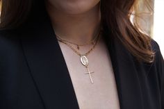 "Here's to jewelry with meaning. Stay in trends with everyday pieces that are affordable, quality, handmade and beautiful. ✤ Available in 14k Gold Filled or Sterling Silver ✤ Medallions & Pendants are Gold Filled or Sterling Silver ✤ Gold filled or Sterling silver Figaro chain ✤ Dainty Virgin Mary and cross charm drop measures abut 55mm ✤ Available sizes * Please choose in drop down box * - 14\", 16\", 18\" and 20\" ✤ Model is wearing size - 14\" with 2.2\" drop (mary and cross drop) ✤ Pleas Vintage Charm Necklaces For Everyday, Vintage Everyday Charm Necklaces, Handmade Cross Jewelry For Everyday, Everyday Cross Pendant Necklace, Handmade 14k Gold-filled Necklaces, Vintage Jewelry With Delicate Chain For Everyday, Layered Cross Necklace, Silver Figaro Chain, Layered Crosses