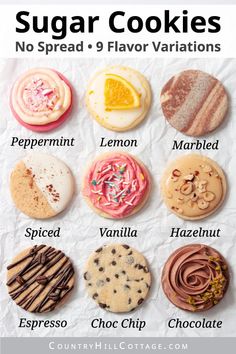 sugar cookies with different flavors and flavor options for each cookie, including lemon, vanilla, chocolate