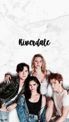 the cast of riverdale sitting together in front of a marble wall with the words riverdale on it