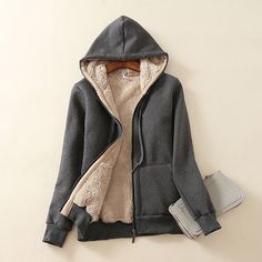 Fleece Sherpa Lined Solid Color Hooded Jacket - SweatshirtsHoodies.com Womens Hooded Coat, Thick Coat, Womens Sweatshirts Hoods, Plus Size Coats, Long Sleeve Jacket, Hoodie Material, Cashmere Coat, Winter Coats Women, Drawstring Hoodie