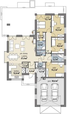 the floor plan for a two story house with an attached garage and three car spaces