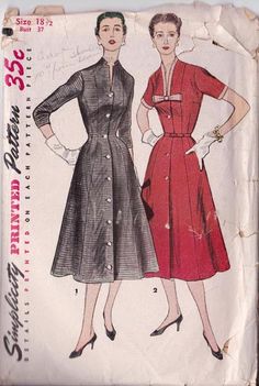 S4489; 1950's Slim-Line Dress 41" bust, Original Simplicity 4489 ‘Princess line and front button closing are featured. View 1, buttoned to hemline, has notched neckline. Sleeves are three-quarter length. View 2 has contrasting neck trim and bow. Short sleeves are finished with contrast. Self fabric or purchased belt is worn.’ Size: Size 18-1/2 fits 37" bust, 32" waist, 41" hip. Vintage A-line Dress With Buttons, Classic A-line Vintage Dress With Buttons, Classic Fitted Dresses For Vintage Fashion, Fitted Retro Vintage Dress With Button Closure, 1950s Style Fitted Dress With Buttons, 1950s Style Dress With Fitted Bodice For Vintage Fashion, Fitted A-line Vintage Dress With Buttons, Classic Fitted Vintage Dress For Vintage Events, Vintage Dress With Full Skirt And Fitted Top