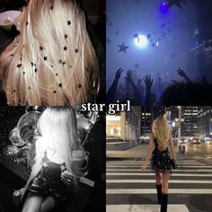 two pictures, one with stars on her head and the other with hands in the air