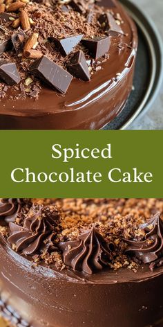 a cake with chocolate frosting and chopped nuts on top