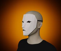 a man with a white mask on his face is standing in front of an orange background