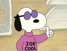 a cartoon dog in a pink shirt giving the thumbs up sign while wearing sunglasses and standing next to a microwave