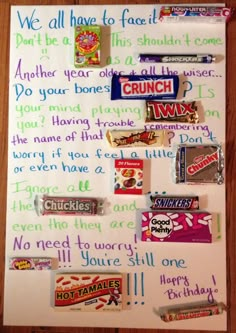 a bulletin board with candy bars on it