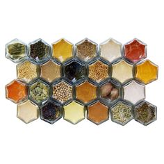 an assortment of spices and seasonings arranged in hexagons