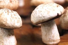 several white mushrooms sitting on top of a wooden table next to each other with brown speckles