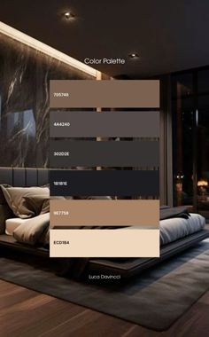 the color palettes in this room are neutral and dark, but it's not too