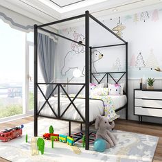 a child's bedroom with a canopy bed and toys on the floor