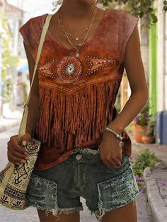 Women's Vintage Ethnic Print Tank Top Brown Sleeveless Hippie Top, Brown Sleeveless Bohemian Top, Bohemian Sleeveless Tops For Fall, Bohemian V-neck Tank Top For Festivals, Linen Suit Men, White Women Dresses, Western Tops, Linen Suit, Ethnic Print