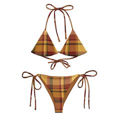 BOHIQ Sunset Plaid String Bikini Plaid Triangle Top Swimwear For Beachwear, Plaid Triangle Top Beachwear Swimwear, Plaid Swimwear For Summer Vacation, Plaid Swimwear For Poolside And Beach Season, Plaid Beachwear Swimwear For Beach Season, Summer Plaid Swimwear For Beach, Summer Plaid Swimwear For The Beach, Plaid Summer Swimwear, Plaid Beachwear For Beach Season