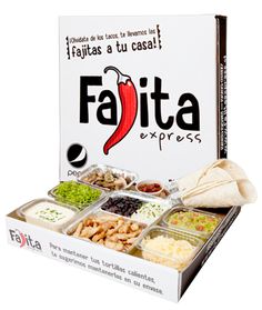 the fajita express box is packed with different foods and condiments to eat