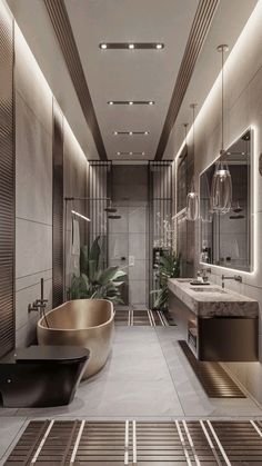 a bathroom with a large bathtub next to a sink