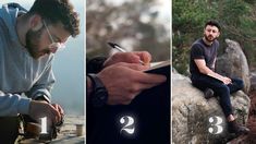 three different photos with one man writing and the other holding a pen, sitting on rocks