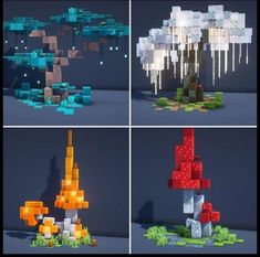 four different views of the same tree made out of legos and paper machches