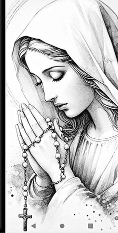 a black and white drawing of a woman with her hands clasped to her chest, wearing a rosary